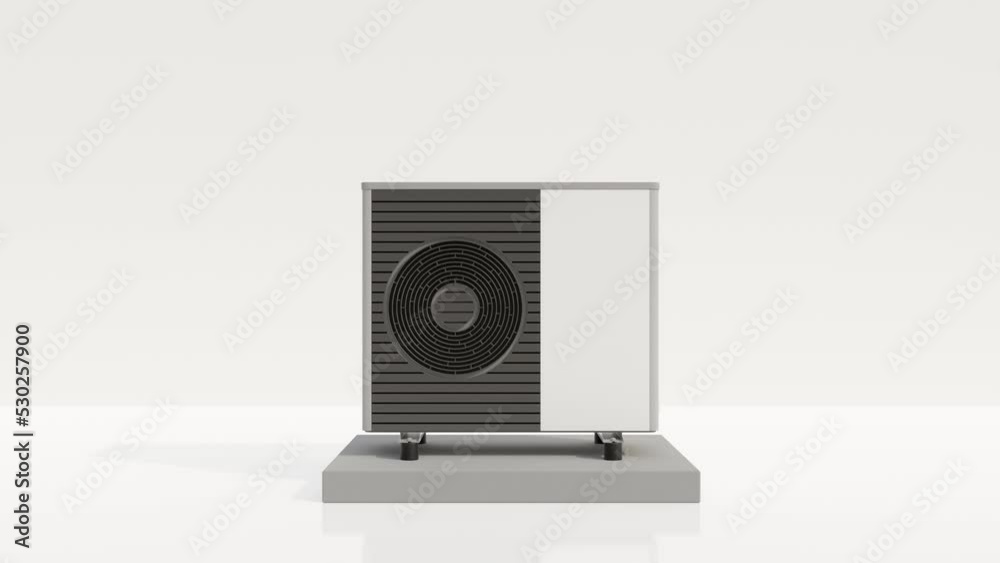 Air heat pump on white background. Modern, environmentally friendly heating. Save your money with air source heat pump. Free, copy space for your text, advertising. 3d animation.
