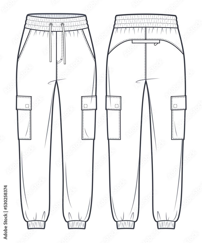 Cargo Joggers Pants fashion flat technical drawing template. Unisex ...