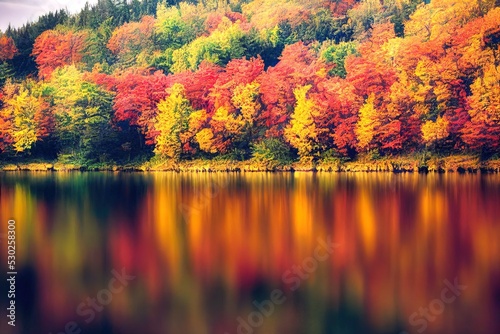 A beautiful autumn multicolored forest is reflected in the calm water of the lake. Autumn tranquil mood. Natural wallpaper. Peaceful scene.