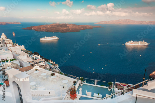 White architecture in Santorini island, Greece. Summer seascape. Travel and vacation concept