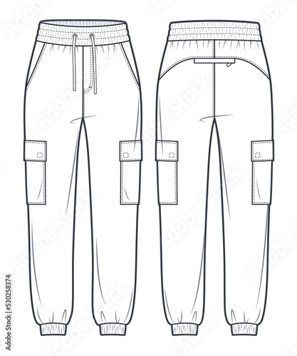 Cargo Joggers Pants fashion flat technical drawing template. Unisex Joggers, Sweat Pants technical fashion Illustration, side pockets, front, back view, white, women, men, unisex CAD mockup.