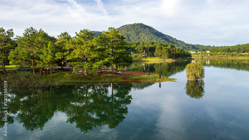 The lake and mountains magical views in Da Lat, Vietnam