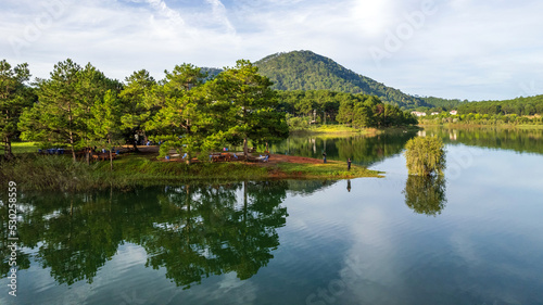 The lake and mountains magical views in Da Lat, Vietnam
