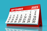 September 2023 Calendar. Isolated on Blue Background. 3D Illustration