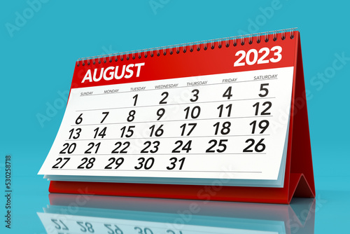August 2023 Calendar. Isolated on Blue Background. 3D Illustration
