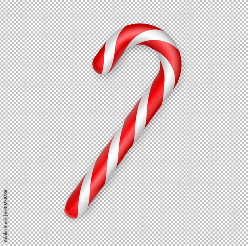 Christmas candy cane. Christmas stick. Traditional realistic xmas candy and red, white stripes. Santa caramel cane on transparent background. Vector illustration