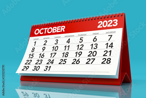 October 2023 Calendar. Isolated on Blue Background. 3D Illustration photo