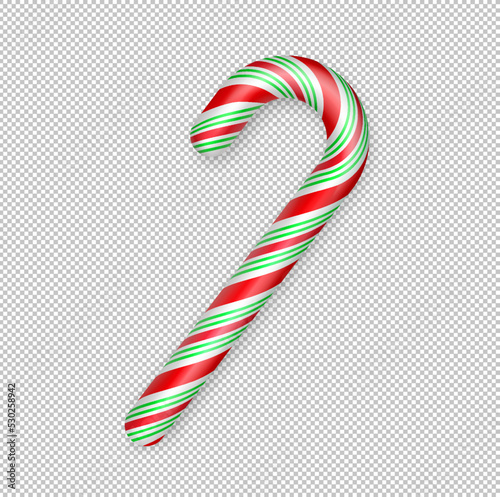 Christmas candy cane. Christmas stick. Traditional realistic xmas candy and red, green, white stripes. Santa caramel cane on transparent background. Vector illustration