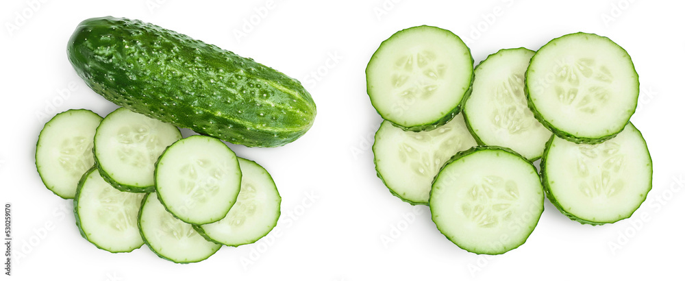 Sliced cucumber isolated on white background with full depth of field, Top view. Flat lay Sliced cucumber isolated on white background with full depth of field, Top view. Flat lay