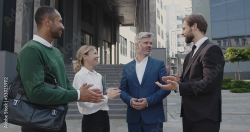 Successful Business Partners Applauded Each Other. Teammates Standing at Street near Office Building. People Feeling Success 
