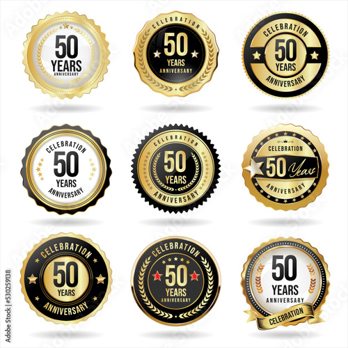 Collection of golden anniversary badge and labels vector illustration 