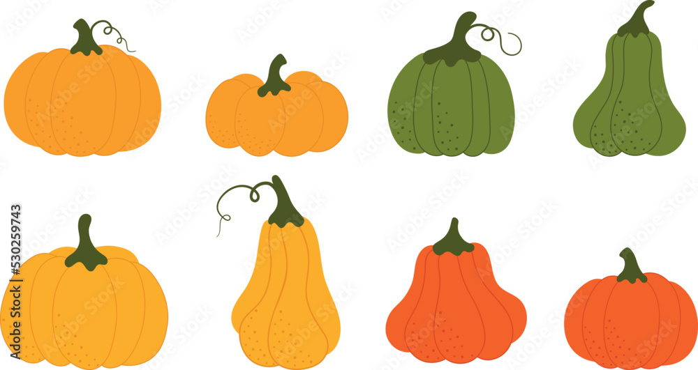 A set of pumpkins of different shapes and colors. Elements for Halloween and Thanksgiving. Autumn set. A set of pumpkins of different shapes and colors. Elements for Halloween and Thanksgiving. Autumn set.