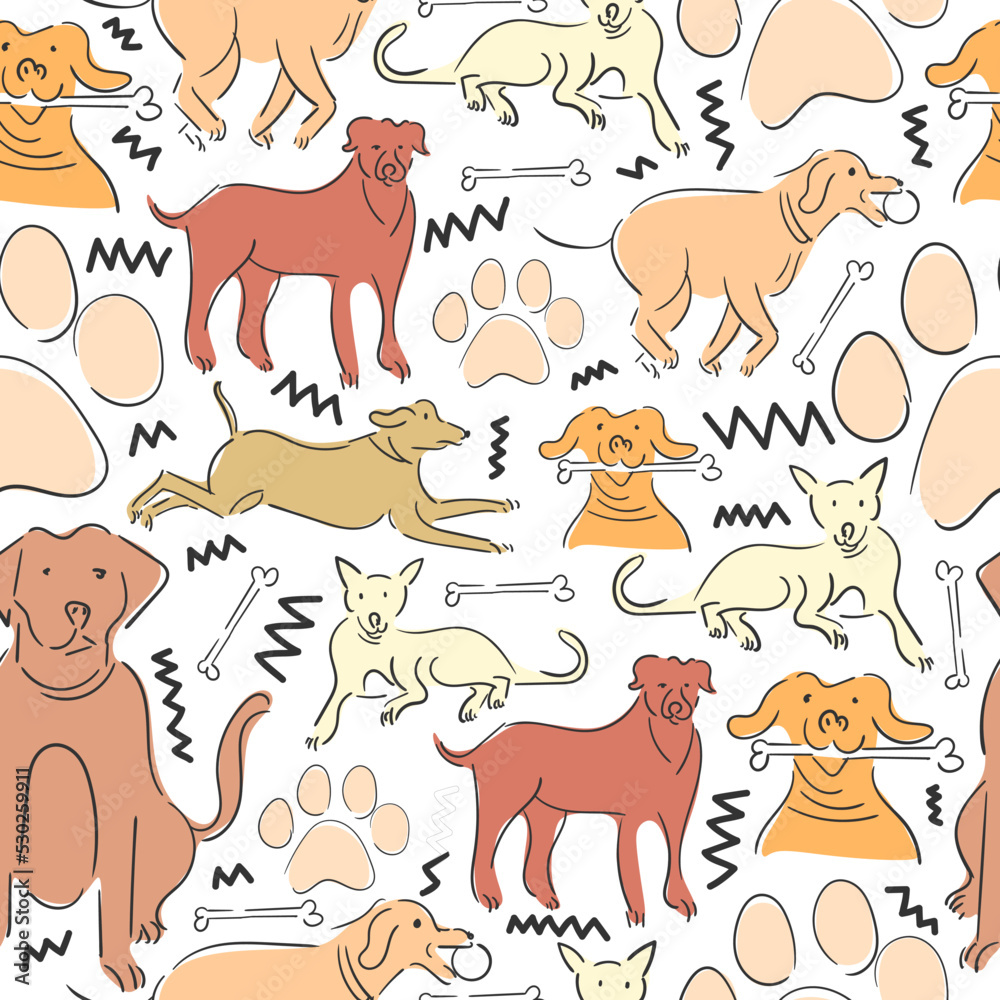 Hand drawn seamless pattern of cute dogs isolated on white background.