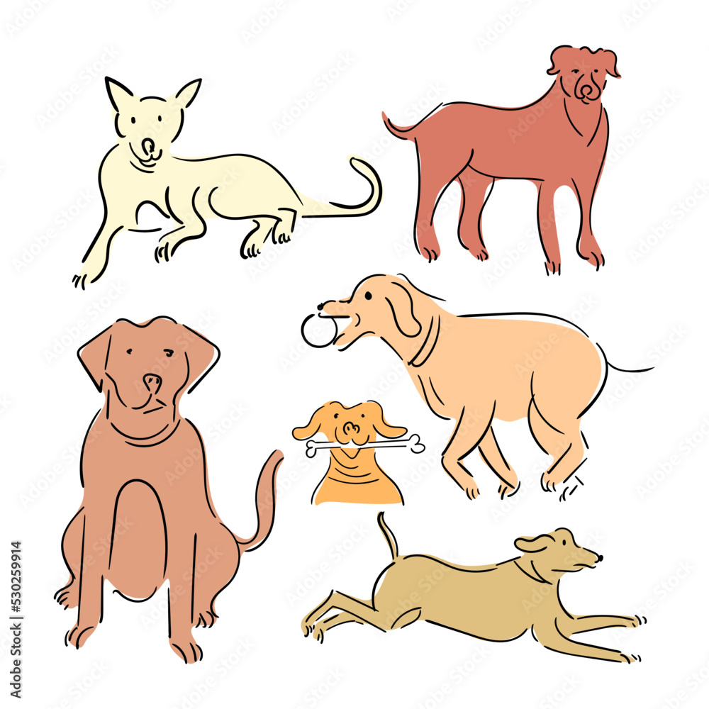 Hand drawn of seven cute dogs isolated on white background.