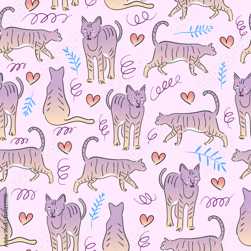 Hand drawn seamless pattern of cats on white background.