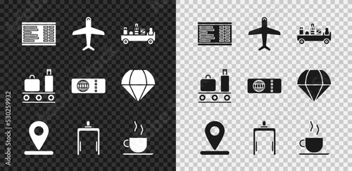 Set Airport board, Plane, luggage towing truck, Location, Metal detector airport, Coffee cup, conveyor belt with suitcase and Airline ticket icon. Vector