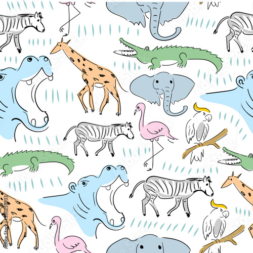 Hand drawn seamless pattern of zoo animals like crocodile  elephant  giraffe  zebra  hippopotamus  flamingo  parrot isolated on white background.