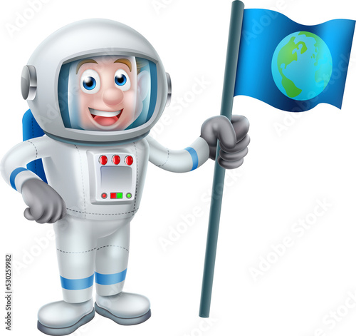 Cartoon Astronaut Holding Flag
