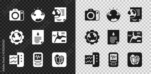 Set Photo camera, Earth core structure crust, globe with document, Seismograph, Gem stone, Gear wheels and earth and Oil drop icon. Vector