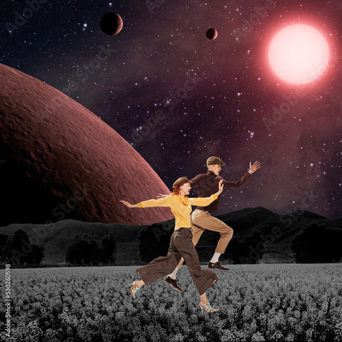 Contemporary art collage. Young stylish people in retro clothes running on flower field at night over space background. Planets