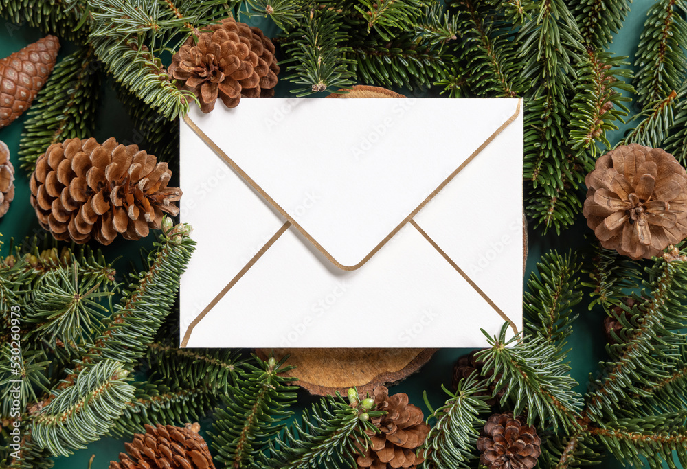 Obraz premium Christmas blank envelope between fir branches and pine cones on green top view