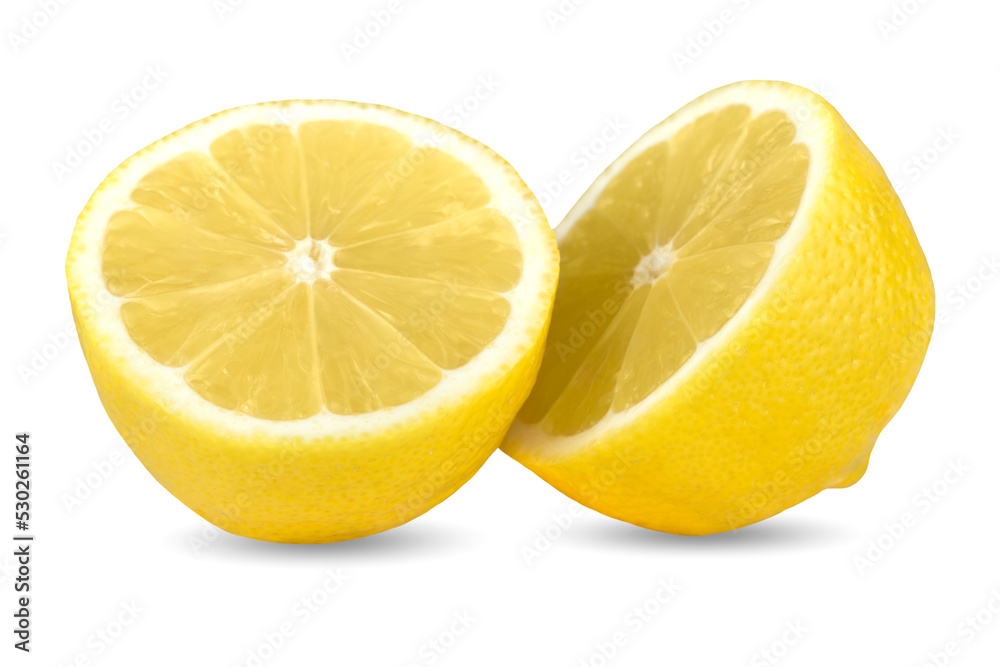 Cut lemon with shadow isolated on white background.