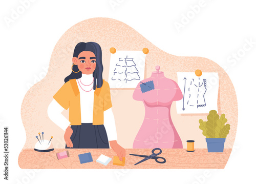 Fashion designer concept. Woman checks pink dress on mannequin. Atelier and development of modern stylish clothes. Scissors, needle and thread. Seamstress or tailor. Cartoon flat vector illustration