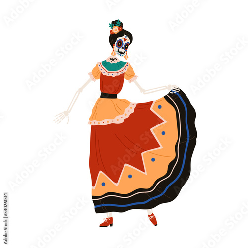 Mexican Catrina Calavera skeleton dancing in dress. Woman disguised in Katrina costume for El dia de los Muertos, Day of Dead holiday party. Flat vector illustration isolated on white background