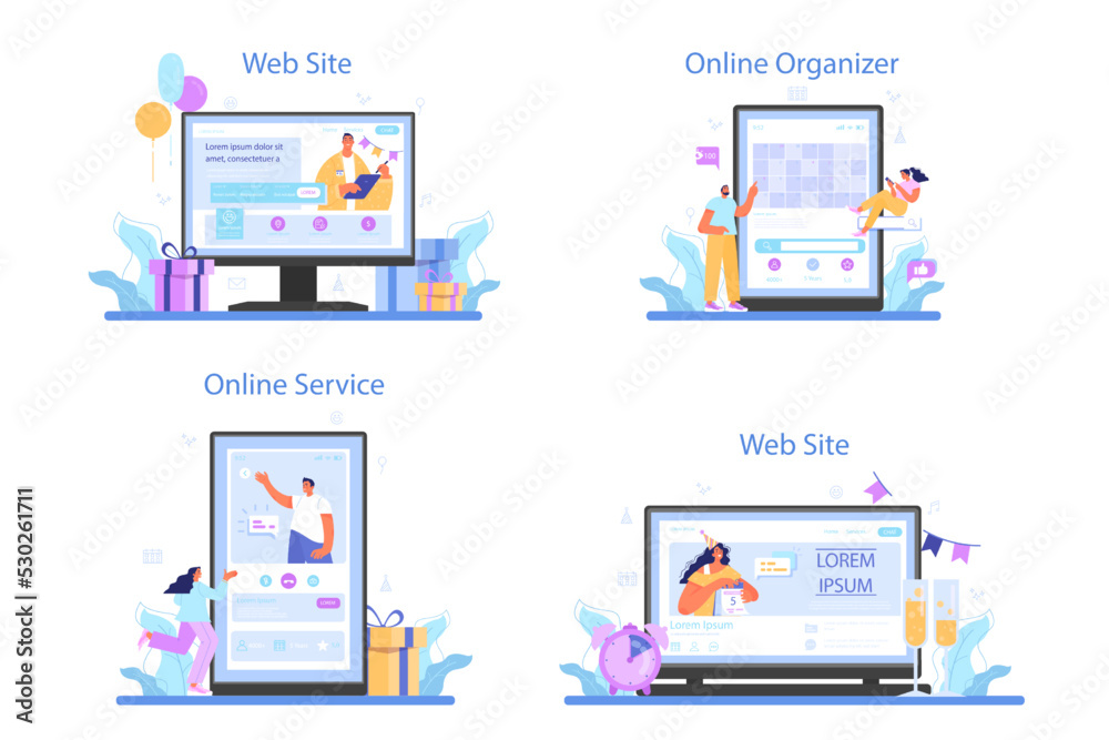 Event managemer online service or platform set. Entertainment specialist Event managemer online service or platform set. Entertainment specialist