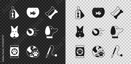 Set Dog collar with bone, Aquarium fish, Bag of food for pet, World, Pet cat toy, and toys ball icon. Vector