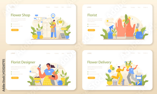 Florist web banner or landing page set. Floral designer growing plant © inspiring.team
