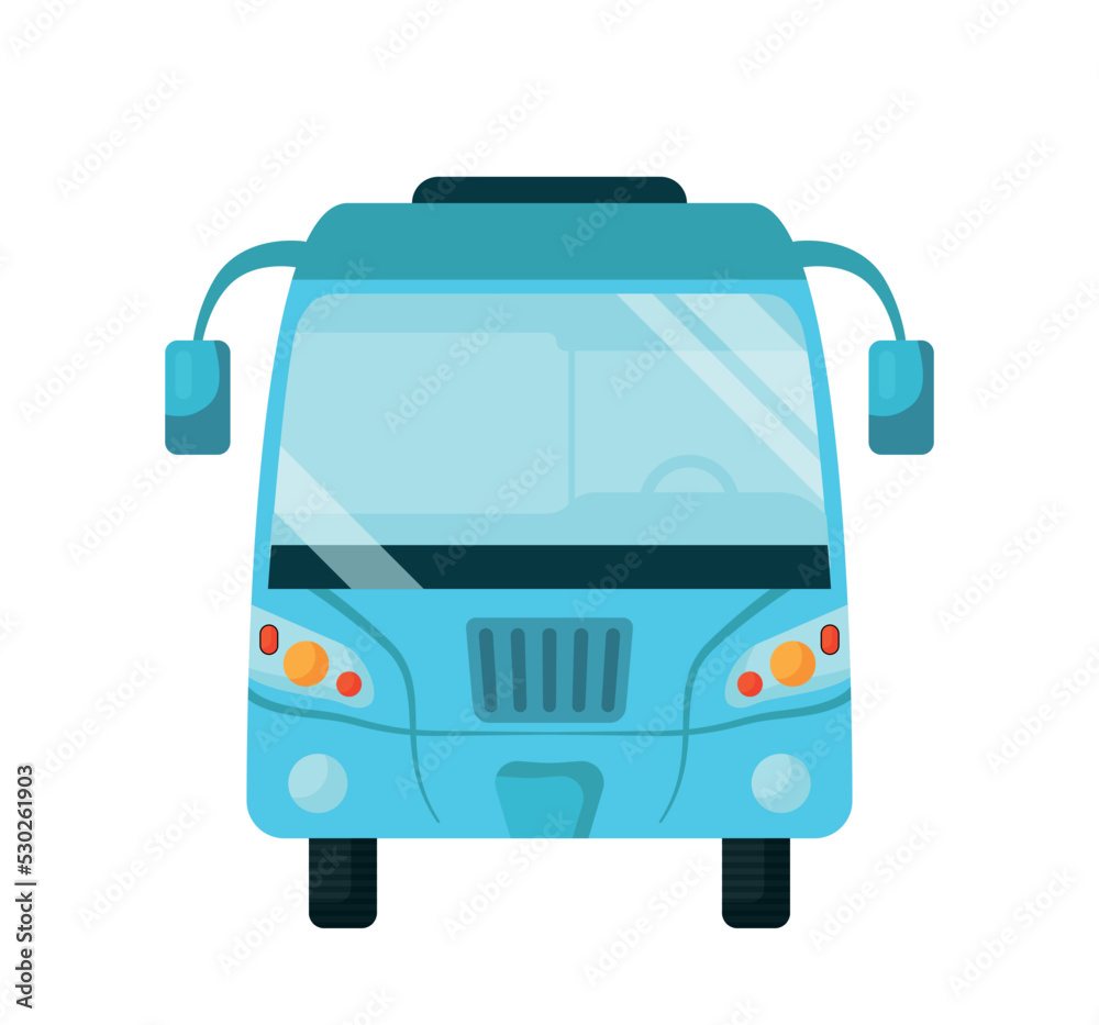 Public bus icon. Sticker for social networks and graphic element for website. Front side of city and urban blue vehicle and transport. Poster, banner or cover. Cartoon flat vector illustration Public bus icon. Sticker for social networks and graphic element for website. Front side of city and urban blue vehicle and transport. Poster, banner or cover. Cartoon flat vector illustration