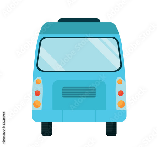 Public bus icon. Sticker for social networks and graphic element for website. Back side of blue automobile. Trip and travel from city to city. Town and urban. Cartoon flat vector illustration