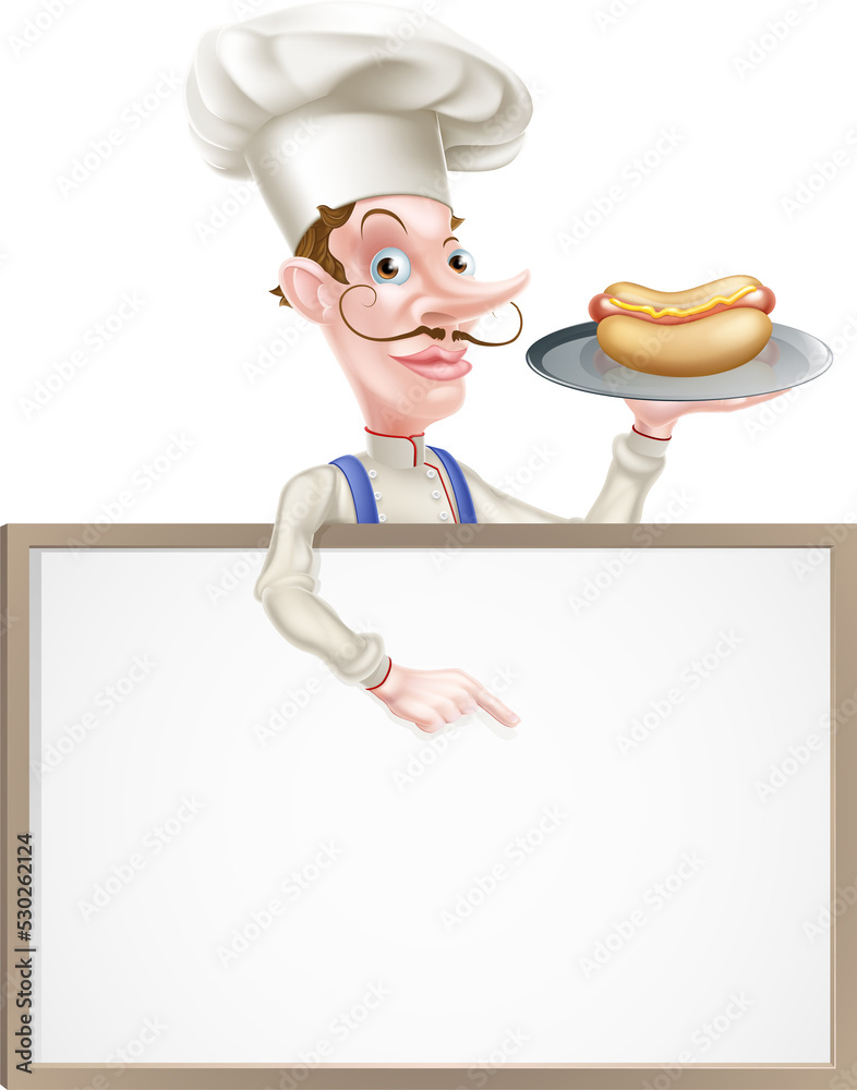 Cartoon Chef Holding Hotdog Pointing at Sign Cartoon Chef Holding Hotdog Pointing at Sign