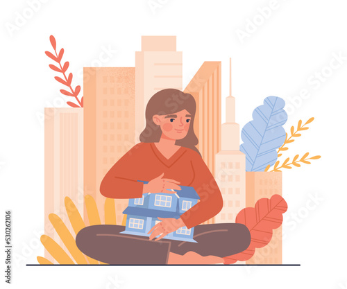 Woman with tiny house. Real estate transactions, investing, financial literacy and passive income. Favorite, comfortable and cozy house. Poster or banner for website. Cartoon flat vector illustration