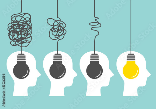 Head sign with bulb and doodle line. Problem resolve control. Understand question. Problem solving, Complicated solution. Simplifying the complex. Confusion clarity. Communication symbol concept