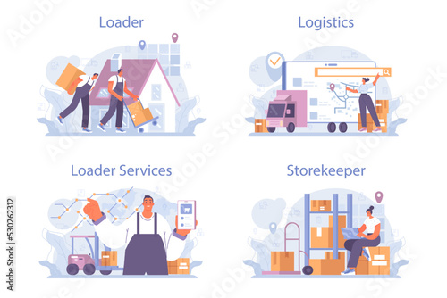 Loader service set. Storekeeper in uniform carrying a cargo. Delivery man