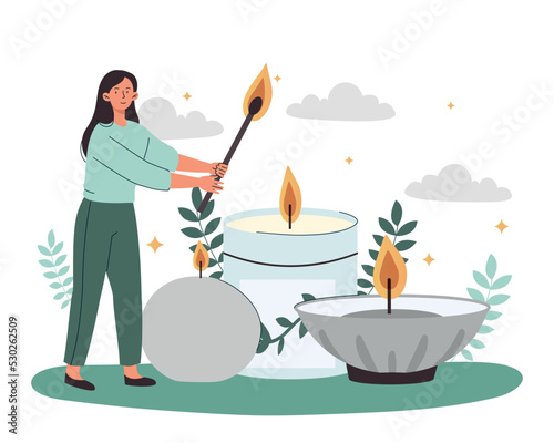 Aroma therapy concept. Woman lights candles. SPA treatments and facilities. Comfort and coziness in apartment, romantic date. Burning huge wax or paraffin candles. Cartoon flat vector illustration