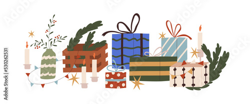 Christmas gift boxes in paper wrapping with bows, winter holiday decoration, Xmas ornament, candles composition. New Year presents, stuff. Flat vector illustration isolated on white background