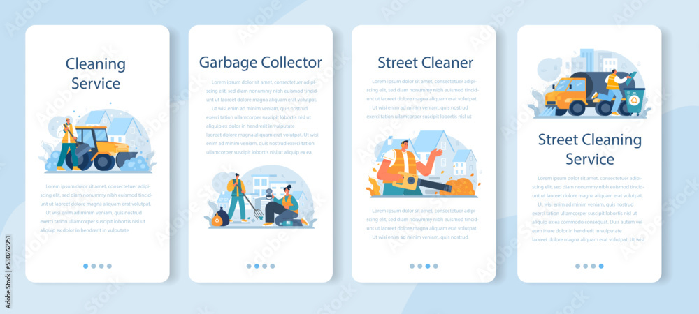 Cleaning service mobile application banner set. Cleaning staff