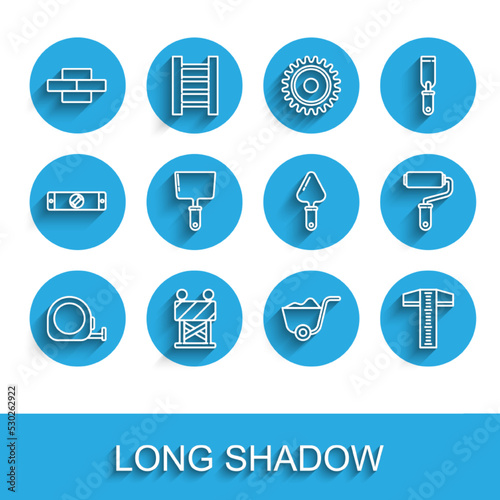 Set line Roulette construction, Road barrier, Bricks, Shovel, T-square line, Putty knife, Paint roller brush and Trowel icon. Vector