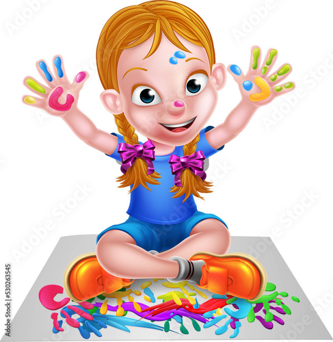 A happy cartoon little girl enjoying being creative having messy play with paint