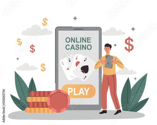 Online casino concept. Man with smartphone plays gambling, poker on Internet. Application and program for entertainment on phone. Bet, blacjack and business. Cartoon flat vector illustration