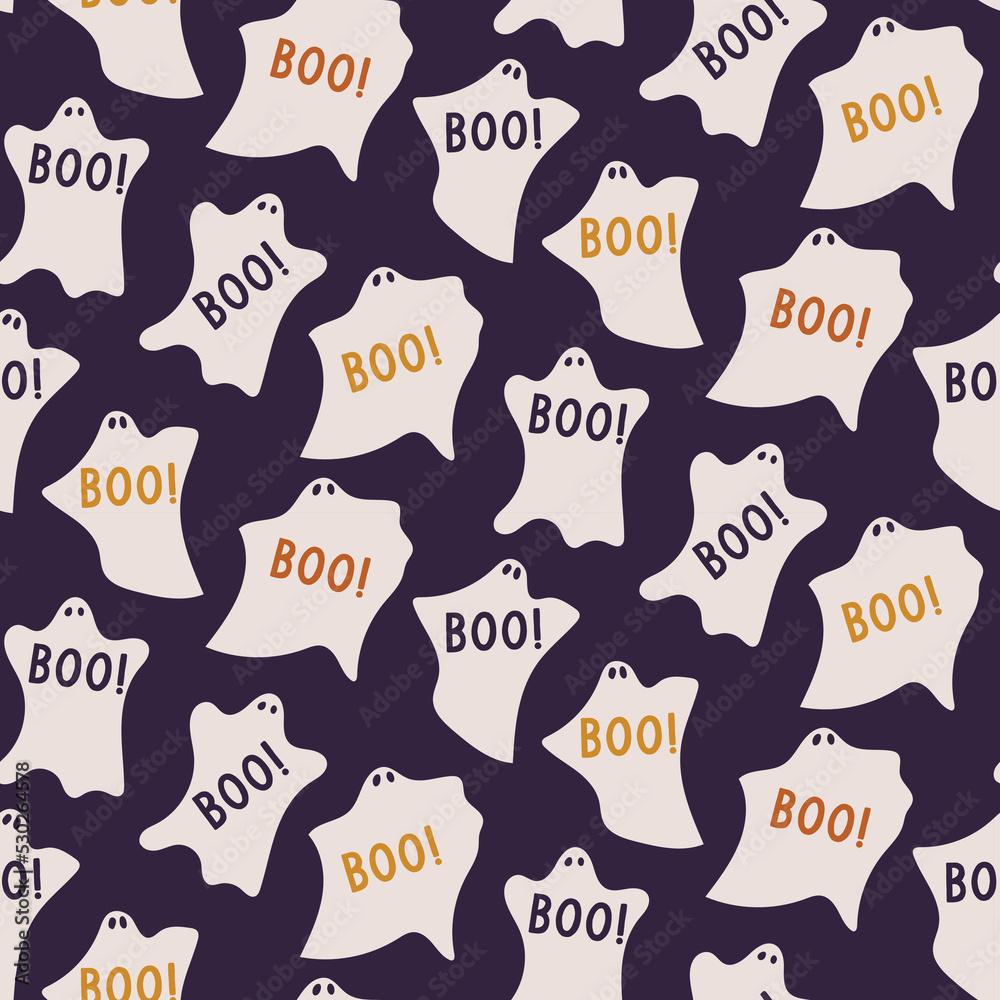 Boo, ghosts, Spooky scary Halloween seamless pattern on dark blue background. Digital vector repeat pattern. Boo, ghosts, Spooky scary Halloween seamless pattern on dark blue background. Digital vector repeat pattern.