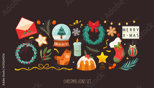 Collection of cute Christmas symbols. Vector illustration.