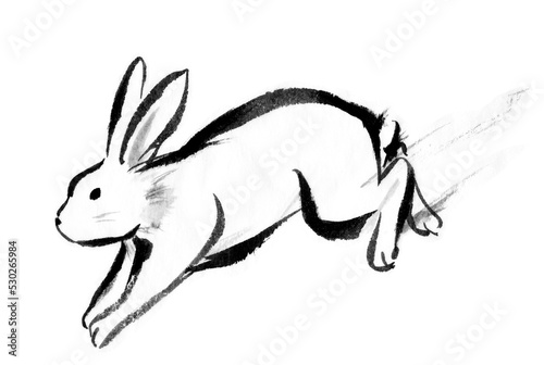 筆で描いた躍動感のあるウサギの水墨画 Fototapeta