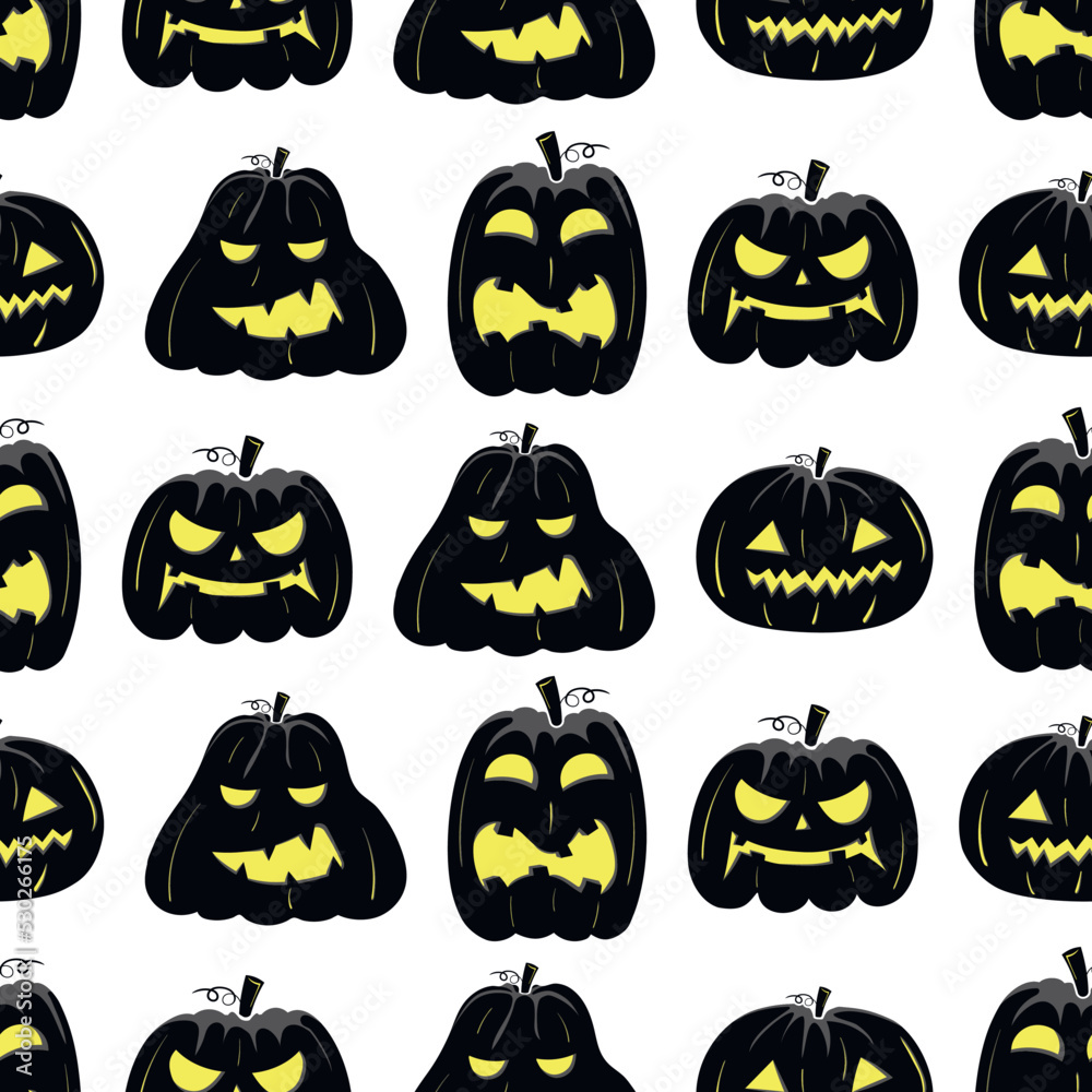 Obraz premium Seamless pattern with black silhouette of a pumpkin face with yellow glowing eyes for halloween on a white background