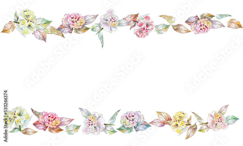  Watercolor border with peony flowers and leaves. With transparent layer © Elena