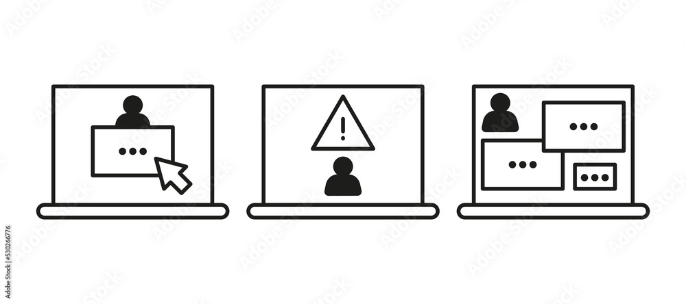 Warning sign on computer, scam of hacker, line icon. Cheating on internet, covert crime swindler. Social media fraud of thief. Danger of stealing personal information. Vector outline illustration Warning sign on computer, scam of hacker, line icon. Cheating on internet, covert crime swindler. Social media fraud of thief. Danger of stealing personal information. Vector outline illustration