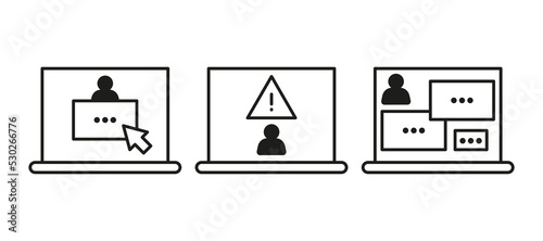 Warning sign on computer, scam of hacker, line icon. Cheating on internet, covert crime swindler. Social media fraud of thief. Danger of stealing personal information. Vector outline illustration